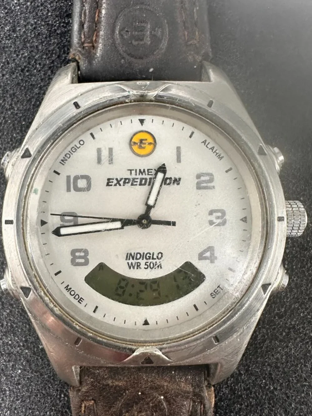 Timex Expedition Mens Watch 38mm Silver Tone Indiglo Brown Leather New Battery